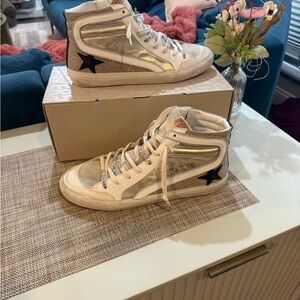 Size 41 NIB Golden Goose Penstar Slides Platinum and Gold Grid Glitter $685